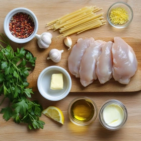 Step-by-step preparation of Creamy Garlic Parmesan Chicken Pasta showing ingredients and initial cooking steps