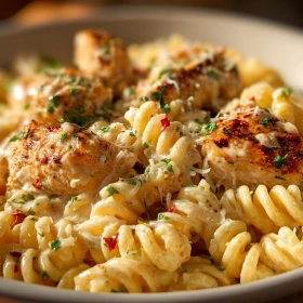 Close-up of Creamy Garlic Parmesan Chicken Pasta showing texture, layers, and glossy finish