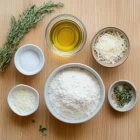 Step-by-step preparation of Rustic Italian Herb Cheese Bread showing ingredients and initial cooking steps