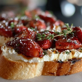 Close-up of Roasted Strawberry Ricotta Toast showing texture, layers, and glossy finish
