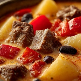 Close-up of Creamy Cowboy Soup Delight showing texture, layers, and glossy finish