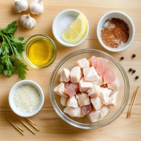 Step-by-step preparation of Ranch Garlic Parmesan Chicken Skewers showing ingredients and initial cooking steps