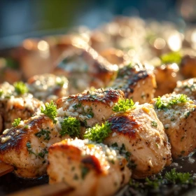 Close-up of Ranch Garlic Parmesan Chicken Skewers showing texture, layers, and glossy finish