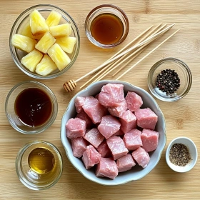 Step-by-step preparation of Pineapple BBQ Pork Skewers showing ingredients and initial cooking steps