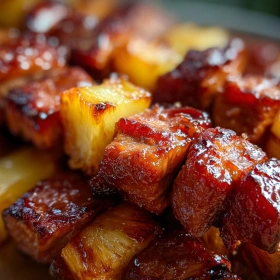 Close-up of Pineapple BBQ Pork Skewers showing texture, layers, and glossy finish