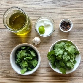 Step-by-step preparation of Creamy Cilantro Garlic Sauce showing ingredients and initial cooking steps