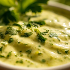 Close-up of Creamy Cilantro Garlic Sauce showing texture, layers, and glossy finish