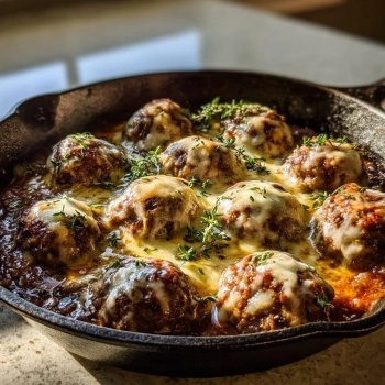 Perfectly cooked Savory French Onion Meatballs served and ready to eat - final result