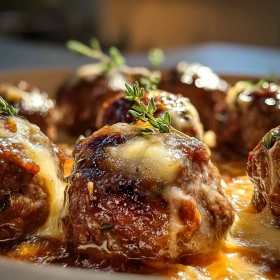 Close-up of Savory French Onion Meatballs showing texture, layers, and glossy finish