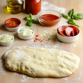 Step-by-step preparation of Crispy Cast Iron Skillet Pizza showing ingredients and initial cooking steps