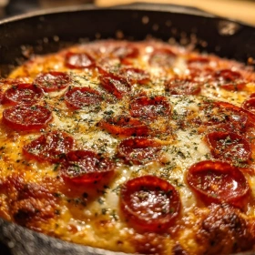 Close-up of Crispy Cast Iron Skillet Pizza showing texture, layers, and glossy finish