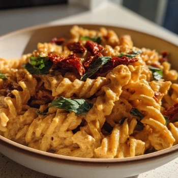 Perfectly cooked Creamy Vegan Sun-Dried Tomato Pasta served and ready to eat - final result