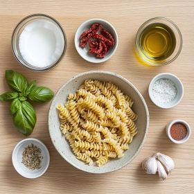 Step-by-step preparation of Creamy Vegan Sun-Dried Tomato Pasta showing ingredients and initial cooking steps