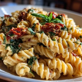 Close-up of Creamy Vegan Sun-Dried Tomato Pasta showing texture, layers, and glossy finish