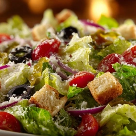 Close-up of Zesty Olive Garden Salad Delight showing texture, layers, and glossy finish