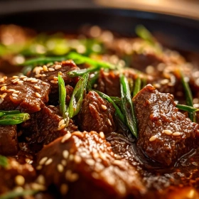 Close-up of Savory Slow Cooker Korean Beef showing texture, layers, and glossy finish