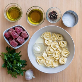 Step-by-step preparation of Garlic Steak Tortellini Delight showing ingredients and initial cooking steps
