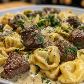 Close-up of Garlic Steak Tortellini Delight showing texture, layers, and glossy finish