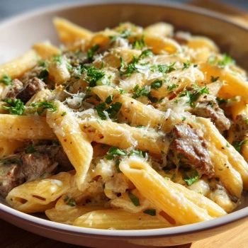 Perfectly cooked Creamy High Protein Beef Pasta served and ready to eat - final result