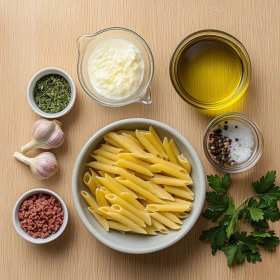 Step-by-step preparation of Creamy High Protein Beef Pasta showing ingredients and initial cooking steps