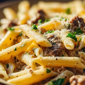 Close-up of Creamy High Protein Beef Pasta showing texture, layers, and glossy finish