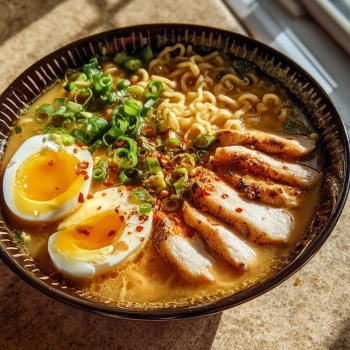 Perfectly cooked Creamy Garlic Chicken Ramen served and ready to eat - final result