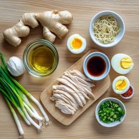 Step-by-step preparation of Creamy Garlic Chicken Ramen showing ingredients and initial cooking steps
