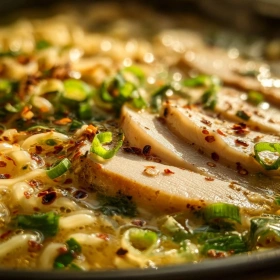 Close-up of Creamy Garlic Chicken Ramen showing texture, layers, and glossy finish