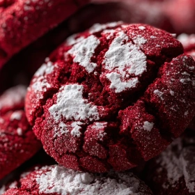 Close-up of Decadent Red Velvet Crinkle Cookies showing texture, layers, and glossy finish