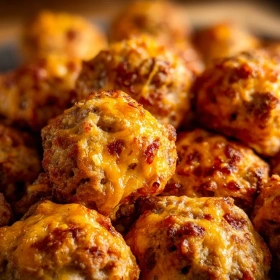 Close-up of Savory Cheddar Sausage Balls showing texture, layers, and glossy finish
