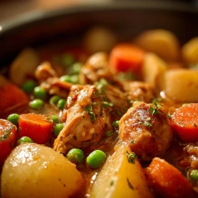 Close-up of Hearty Slow Cooker Chicken Stew showing texture, layers, and glossy finish