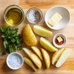 Step-by-step preparation of Crispy Garlic Parmesan Wedges showing ingredients and initial cooking steps