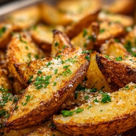 Close-up of Crispy Garlic Parmesan Wedges showing texture, layers, and glossy finish