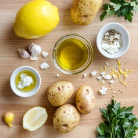 Step-by-step preparation of Crispy Lemon Greek Potatoes showing ingredients and initial cooking steps