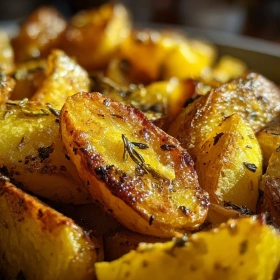 Close-up of Crispy Greek Lemon Potatoes showing texture, layers, and glossy finish