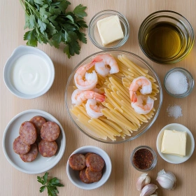 Step-by-step preparation of Cajun Mardi Gras Pasta Delight showing ingredients and initial cooking steps