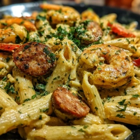 Close-up of Cajun Mardi Gras Pasta Delight showing texture, layers, and glossy finish