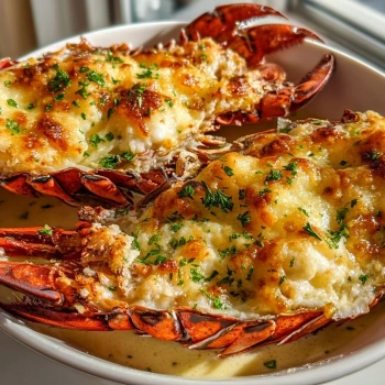 Perfectly cooked Decadent Homemade Lobster Thermidor served and ready to eat - final result