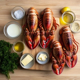 Step-by-step preparation of Decadent Homemade Lobster Thermidor showing ingredients and initial cooking steps