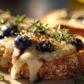 Close-up of Gourmet Blueberry Grilled Cheese showing texture, layers, and glossy finish