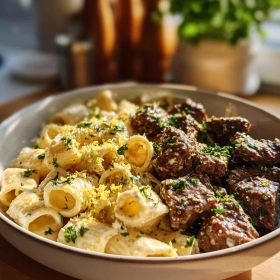 Garlic Butter Steak Bites with Creamy Pasta recipe