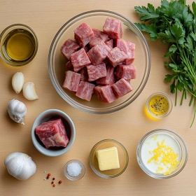 Step-by-step preparation of Garlic Butter Steak Bites with Creamy Pasta showing ingredients and initial cooking steps