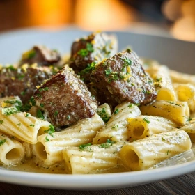 Close-up of Garlic Butter Steak Bites with Creamy Pasta showing texture, layers, and glossy finish