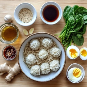 Step-by-step preparation of Spicy Dumpling Ramen Bowl showing ingredients and initial cooking steps