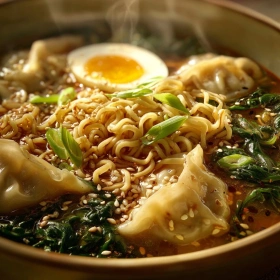 Close-up of Spicy Dumpling Ramen Bowl showing texture, layers, and glossy finish