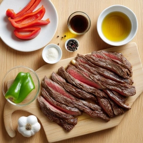 Step-by-step preparation of Sizzling Chinese Pepper Steak showing ingredients and initial cooking steps
