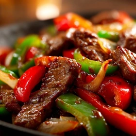 Close-up of Sizzling Chinese Pepper Steak showing texture, layers, and glossy finish