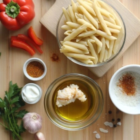 Step-by-step preparation of Spicy Cajun Crab Pasta Delight showing ingredients and initial cooking steps