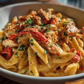 Close-up of Spicy Cajun Crab Pasta Delight showing texture, layers, and glossy finish