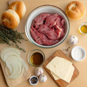 Step-by-step preparation of French Onion Beef Sloppy Joes showing ingredients and initial cooking steps